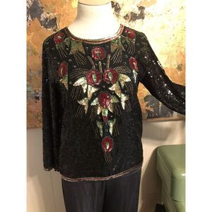 Jean for Joseph LeBon Paris STUNNING Vintage Beaded Floral Front 100% Silk Top L